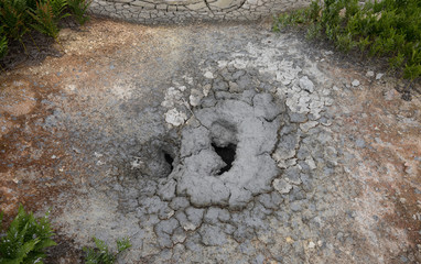 Multicolored steaming mud hole in Uzon caldera. Kronotsky Nature Reserve in Russian far east,...
