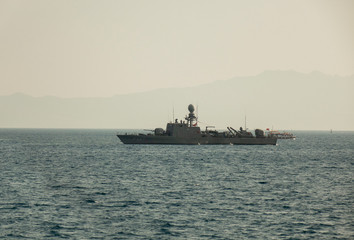 Fototapeta na wymiar Bodrum, Turkey-June 2019 : Turkish warship in the Harbor .
