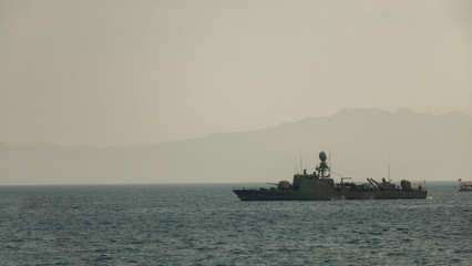 Bodrum, Turkey-June 2019 : Turkish warship in the Harbor .