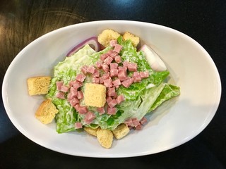 Easy Salad, dice ham, lettuce and crispy bread mixed with salad dressing