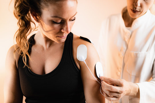 Shoulder Physical Therapy With TENS Electrode Pads, Transcutaneous Electrical Nerve Stimulation