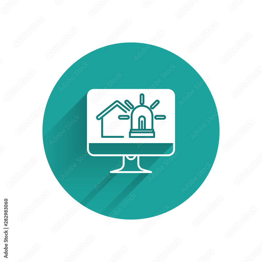 Poster white computer monitor with smart house and alarm icon isolated with long shadow. security system of