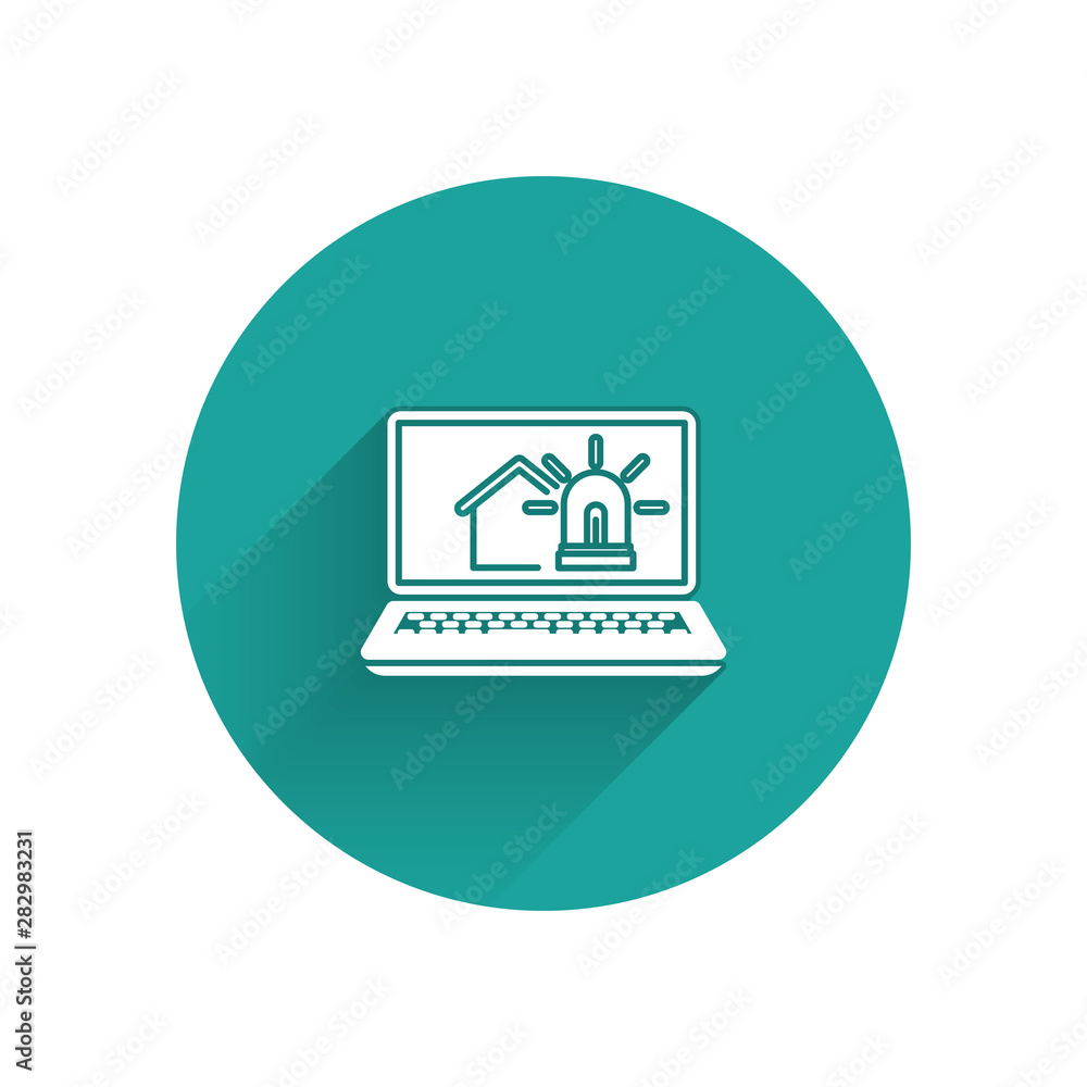 Poster white laptop with smart house and alarm icon isolated with long shadow. security system of smart hom