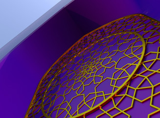 Golden arabic ornament on the purple wall with islamic door. 3D illustration