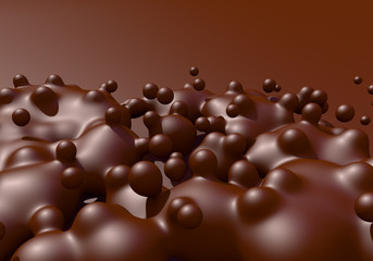 Abstract background with melted chocolate or cocoa drops boiling. 3D illustration