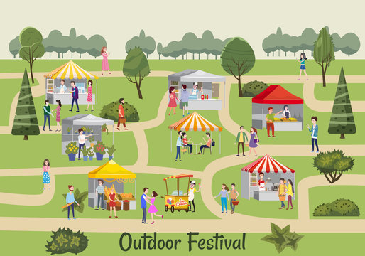 Seasonal Outdoor Festival Fair, Market With Food Stalls, Kiosks Canopy, Awnings, Tents, Ice Cream, Coffee, Hot Dog, Flowers Bakery