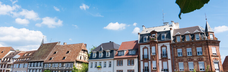 Panorama view, row historical houses along canal in Wissembourg, France