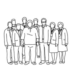 seven busunessmen and two businesswomen standing together vector illustration sketch doodle hand drawn with black lines isolated on white background. Teamwork concept.