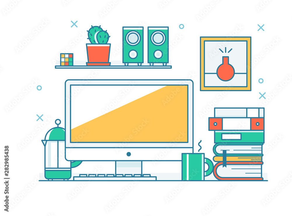 Poster outline style desk setting illustration.flat design style minimal vector illustration.