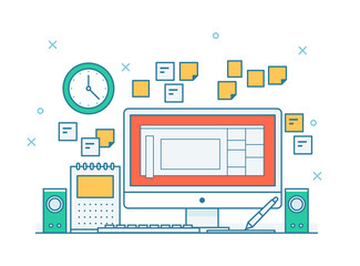 outline style desk setting illustration.flat design style minimal vector illustration.