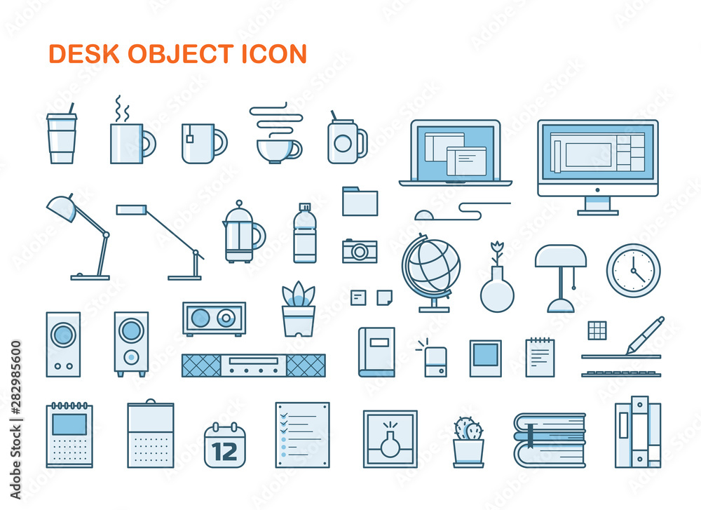 Poster outline style desk object set. flat design style minimal vector illustration.