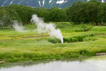 Steaming hot spring in Uzon caldera. Kronotsky Nature Reserve in Russian far east, Kamchatka...