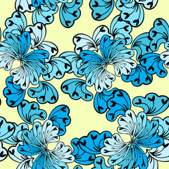 Abstract blue flowers on yellow