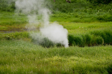 Steaming hot spring in Uzon caldera. Kronotsky Nature Reserve in Russian far east, Kamchatka...