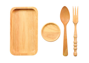 Isolated Wooden Kitchen Utensils, Spoon, fork, tray and small dish on white background