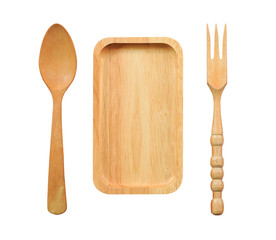 Isolated Wooden Kitchen Utensils, Spoon, fork and tray on white background