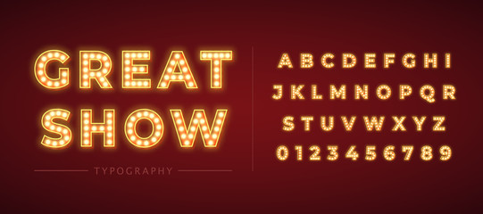3d light bulb alphabet with gold frame isolated on dark red background.