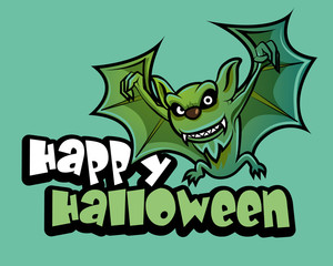 Happy Halloween. Halloween bat flying with big signboard - vector character illustration