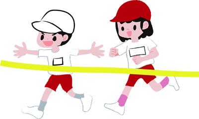 ゴールテープを切る男の子と女の子