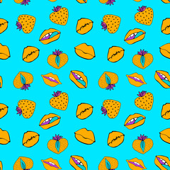 Hand drawn Seamless pattern symbol female. Comic style. Kiss lips and strawberry. Vector surface design isolated on blue background