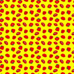 Hand drawn Seamless pattern symbol female. Comic style. Kiss lips and strawberry. Vector surface design isolated on yellow background