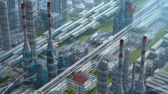 Oil and gas refinery plant factory with chemical formula design, isometric view, industry petroleum zone, pipe steel and oil storage tank. Aerial drone fly plant shot. 3D generated image. Background.