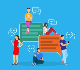 happy people use mobile smartphonefor chatting in social media, for, landing page, template, ui, web, mobile app, poster, banner, flyer. Vector illustration in flat style