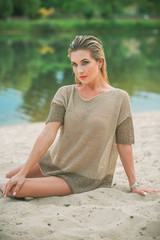 Relax concept. Woman rest at nature, attractive girl enjoy the life 