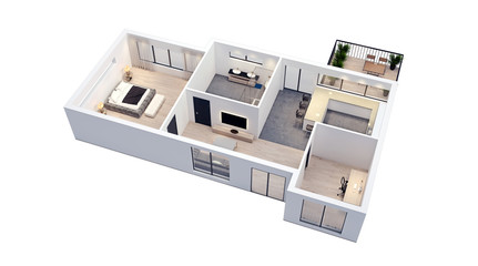 modern interior design, isolated on white floor plan with white walls, blueprint of apartment, house, furniture, isometric, perspective view, 3d rendering © snorkulencija