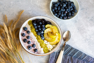 Breakfast in a bowl with berries and honey