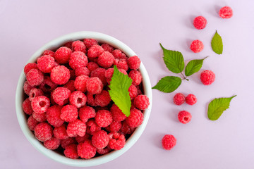 Fresh organic raspberries in a white metal bucket on pink background