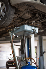Fototapeta premium Car repair in the service station. Under the car on the lift substituted apparatus for draining oil and working off.