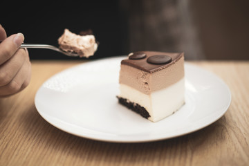 girl eating a piece of delicious chocolate cake on a white plate