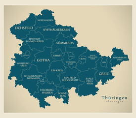 Modern Map - Thuringia map of Germany with counties and labels