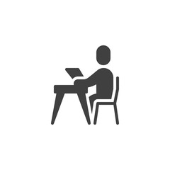 Student sitting at table with book vector icon. filled flat sign for mobile concept and web design. Reading at library glyph icon. Symbol, logo illustration. Vector graphics