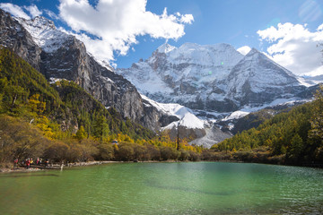 Lake with mountains background against blue sky