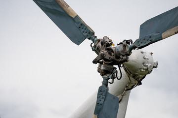 Detail of the rear vertical rotor of an helicopter in Kamchatka. Close up look to the mechanics of...