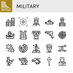 Set of military icons such as Boot, Military base, Crosshair, Pilot, Submarine, Soldier, Battleship, Bulletproof vest, Armor, Gun, Radar, Paintball, Sword, Cop, Catapult , military