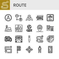 Set of route icons such as Destination, Navigator, Gps, Bus stop, Highway, Route, Geography, Marker, Train station, Caravan, Walking street, Find, Itinerary, Direction , route