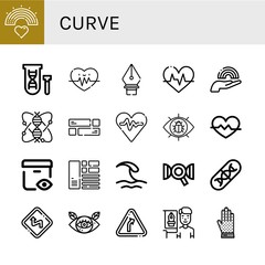 Set of curve icons such as Rainbow, Genetical, Heart rate, Pen tool, Heartbeat, Genomics, Layout, View, Wave, Dna, Genes, Curves, Eye, Curve, Graphic designer, Chainmail , curve