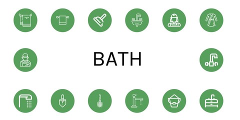Set of bath icons such as Beach towel, Towel hanger, Plunger, Sink, Plumber, Bathrobe, Shower, Trowel, Toilet brush, Faucet, Bucket, Painter , bath