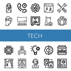 Set of tech icons such as Support services, Virtual reality, Technical Support, Panorama, Nanotechnology, d printing, Support, Robot, Automation, Cpu, Backdrop, Artificial intelligence , tech