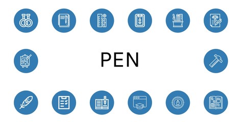 Set of pen icons such as Rubber, Notebook, Rulers, Clipboard, Pencil case, Agreement, Feather, Checklist, Education, Pen, Finance book, Painting, Ruler , pen