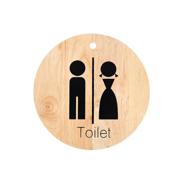 Toilet sign of male and female on natural light wood for restroom with hardwood door panel background
