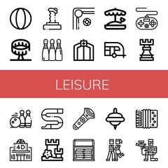 Set of leisure icons such as Ball, Round up ride, Joystick, Bowling, Billiard, Tent, Sandbox, Caravan, Gamepad, Rook, Bowling pins, Movie theater, Slide, Sand castle , leisure