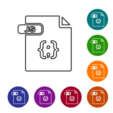 Grey line JS file document. Download js button icon isolated on white background. JS file symbol. Set icons in color circle buttons. Vector Illustration