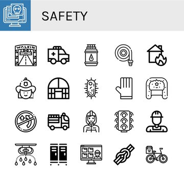 Set of safety icons such as Virus, Walking street, Ambulance, Gas bottle, Fire hose, House on fire, Firefighter, Dome greenhouse, Gloves, Hat, No overtaking, Fire truck , safety