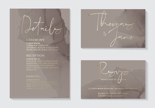 Luxury Soft Decor, Dark Grey Wedding Invitation Cards With Gold Marble Texture And Geometric Pattern Minimal Style Vector Design Template. Cute Invitation, Party Design Collection.