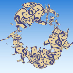 Chinese yuan notes falling. Messy CNY bills on blu