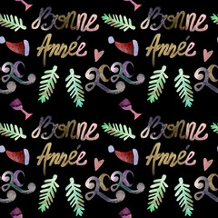 Seamless pattern watercolor NEW YEAR 2020 and Merry Christmas, Bonne Annee. On a black background, Christmas trees, numbers, gift, martini glass and heart,Santa Claus hat.